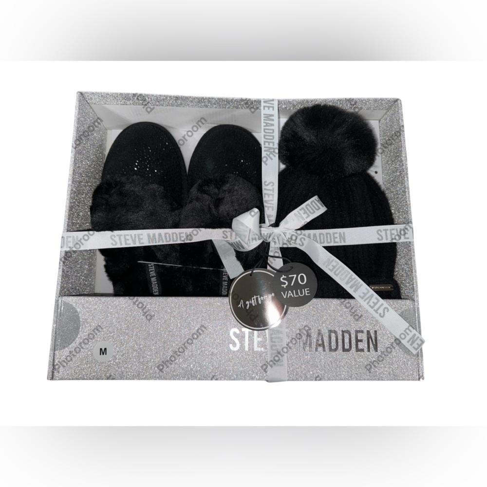 SOLD NIB Steve Madden Black Glitter Fuzzy Slippers and Pom Beanie Size M